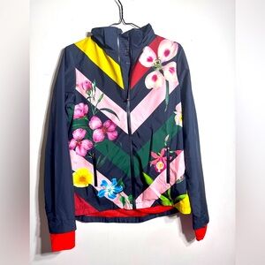 Women’s Ted Baker, blue pink floral, zip up windbreaker jacket, thumb holes